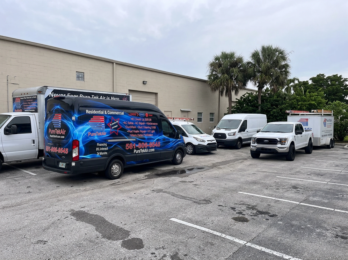 Pure Tek Air service vans, box truck and pickup with trailer parked in the company lot