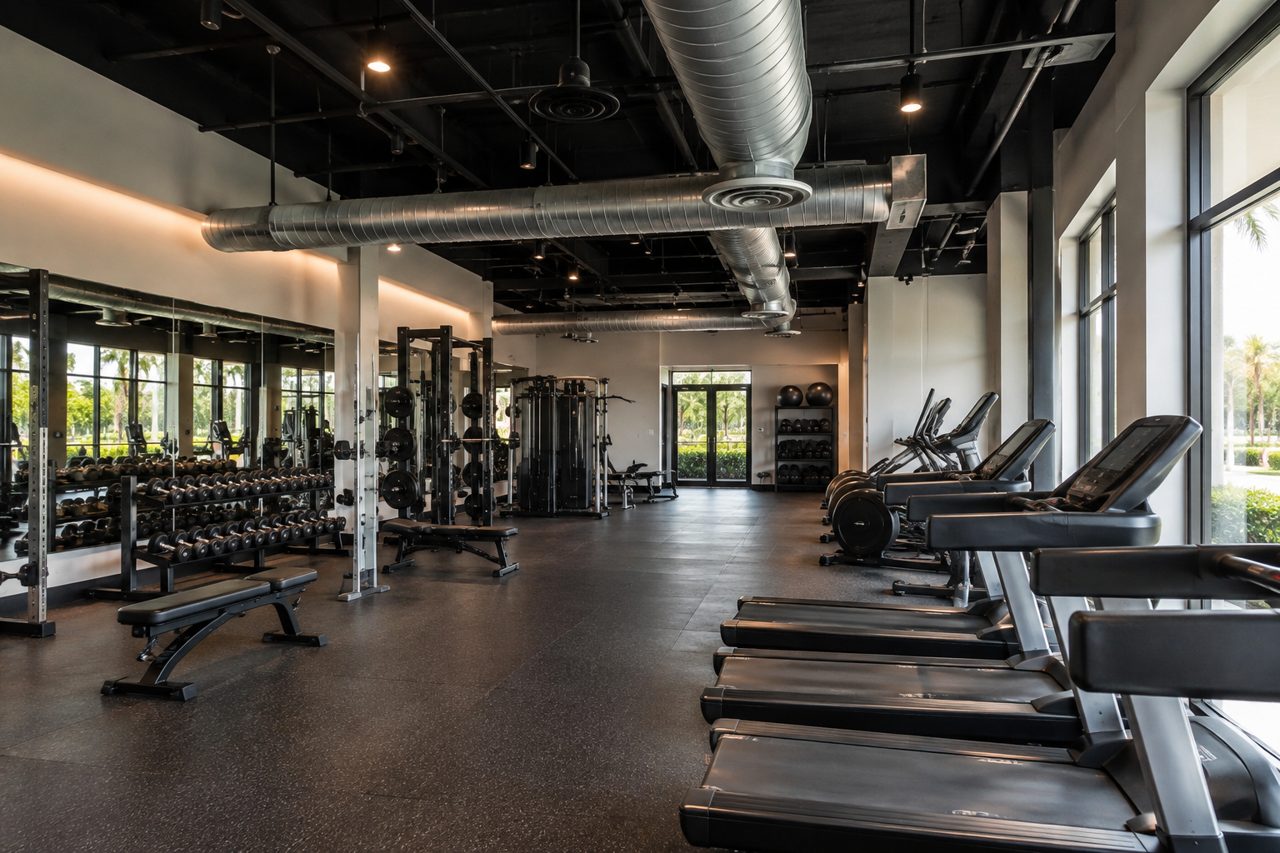 Modern empty boutique fitness studio in Boca Raton with rubber floors, mirrors, treadmills, exposed black ceiling and round spiral ductwork