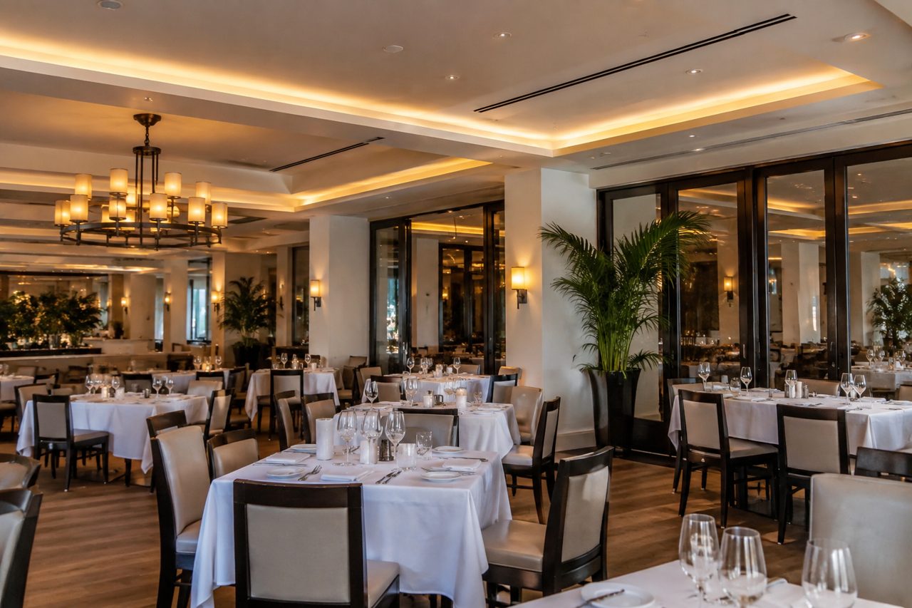 Elegant upscale restaurant dining room in Boca Raton with white tablecloths, warm lighting and discreet linear ceiling air diffusers, empty before opening