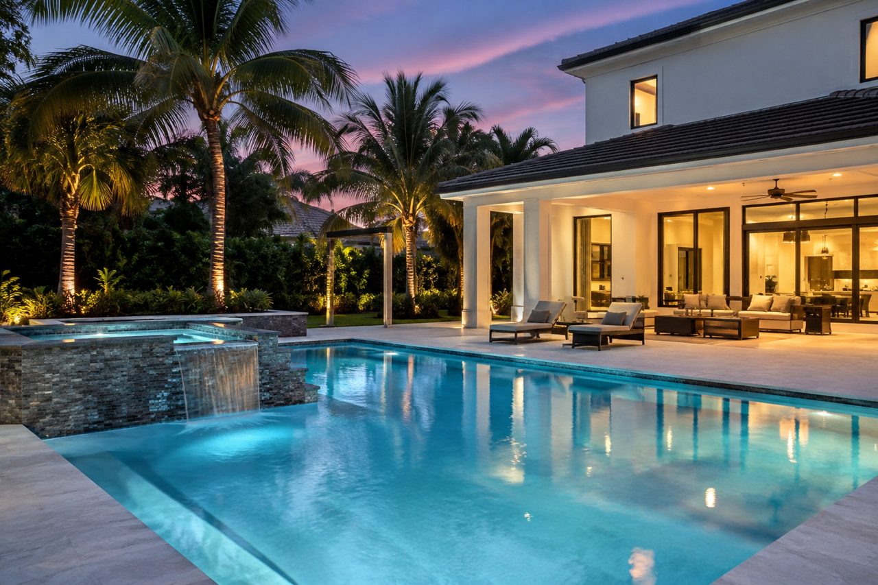Luxury Boca Raton backyard at dusk with a raised stone spa spilling into a lit pool, modern white home, palms uplit