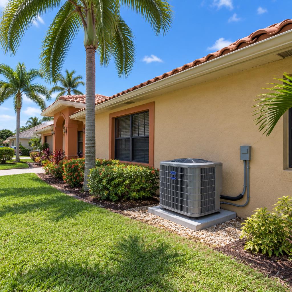 Single-story Florida ranch-style home in Boynton Beach with a new AC condenser installed at the side of the house, palm trees, sunny sky