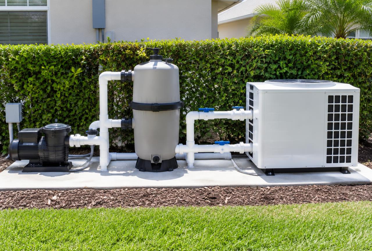 Residential pool equipment pad at a Boynton Beach, Florida home with a new variable-speed pump, cartridge filter and white pool heat pump in a row, clean PVC plumbing with blue valves, in front of a tall hedge