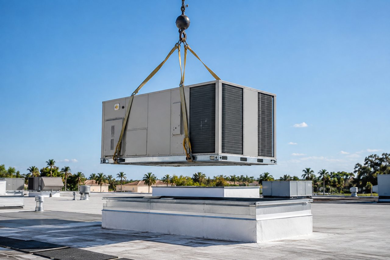 New commercial rooftop packaged unit being set on a curb by a crane hook on a Boynton Beach retail plaza roof, blue sky (no people visible)