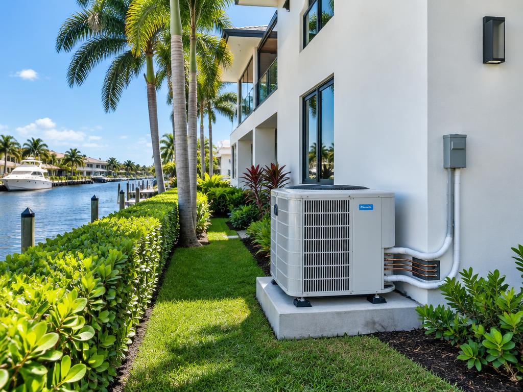 Illustrative AC condenser on a raised pad beside a Fort Lauderdale waterfront home with palms and a canal view