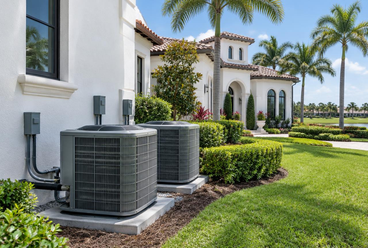 Illustrative AC condensers beside a luxury Palm Beach Gardens Mediterranean-style golf-community estate