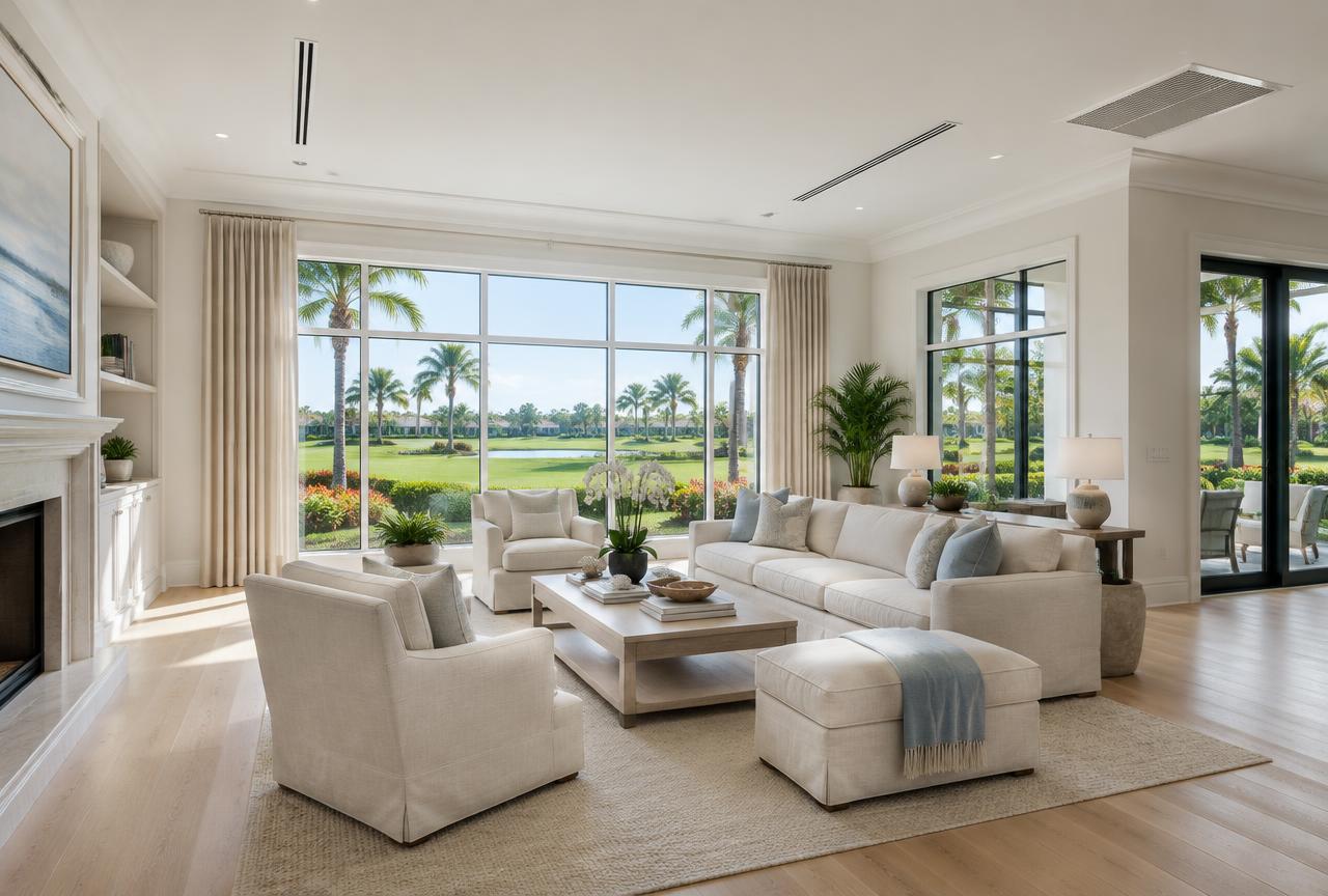 Illustrative luxury Palm Beach Gardens living room with linear HVAC diffusers and golf-course garden views
