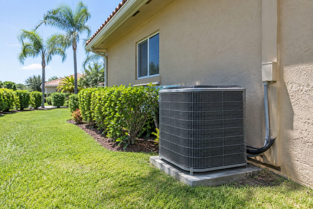 Single-story ranch-style home in Greenacres, Florida with a tan stucco exterior and AC condenser at the side yard, sunny day