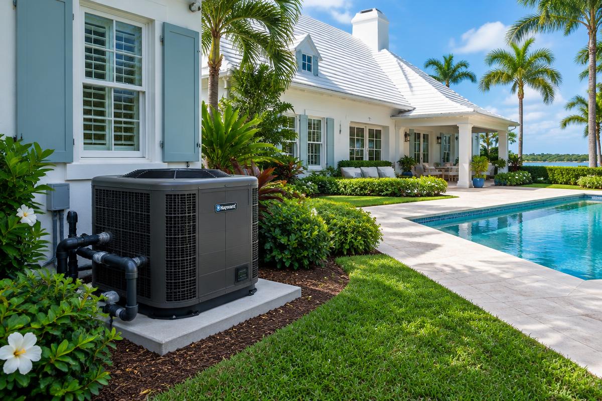 Illustrative pool heat pump beside a classic white Gulf Stream residence and pool