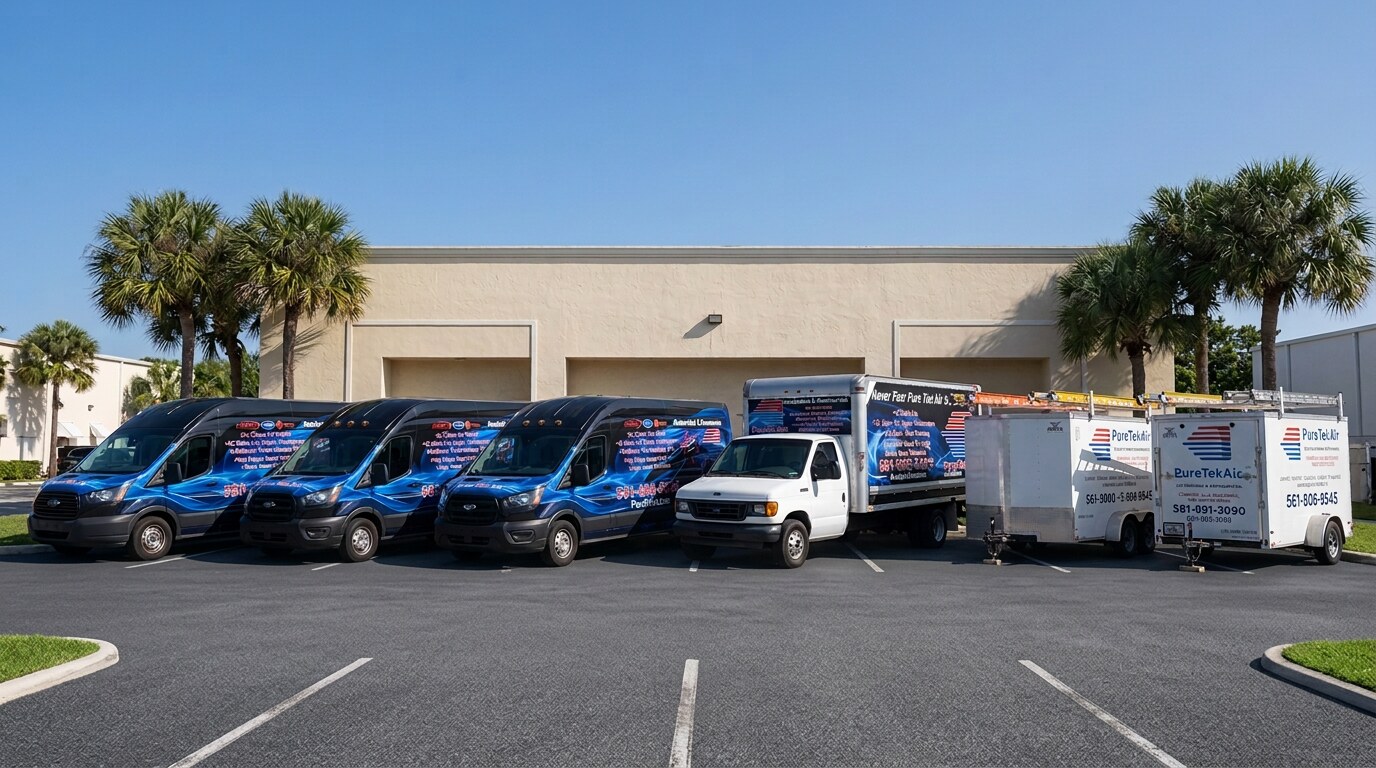 Illustration of the Pure Tek Air fleet: service vans, a box truck and two equipment trailers parked in a row
