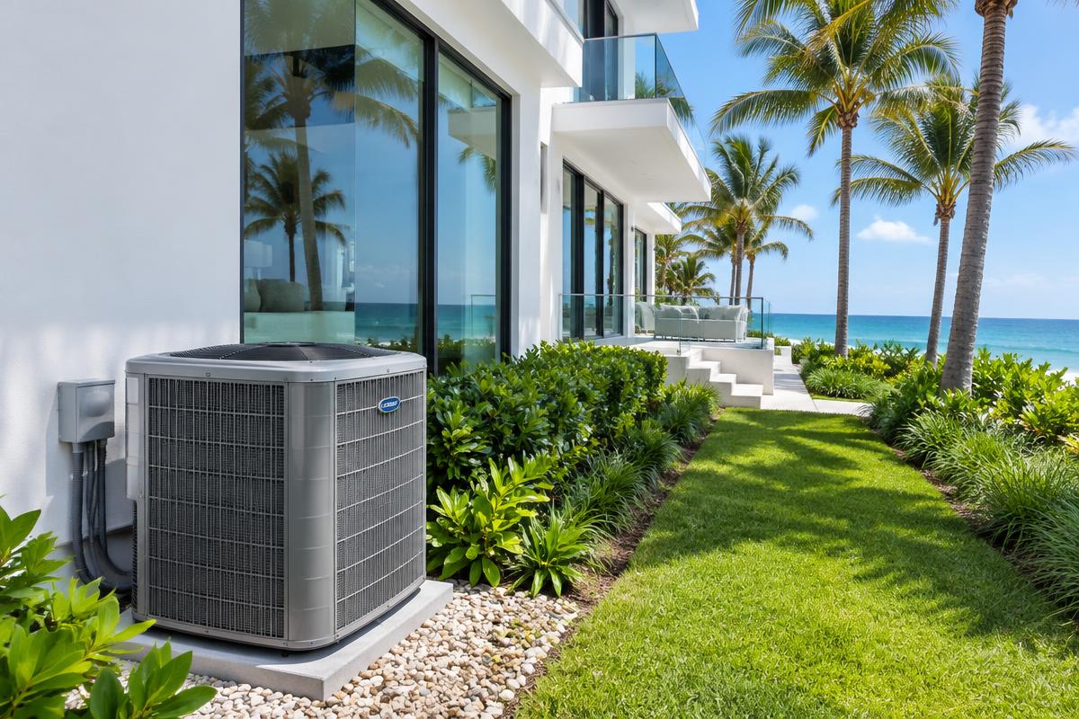 Illustrative AC condenser beside a modern glass-walled Highland Beach oceanfront home