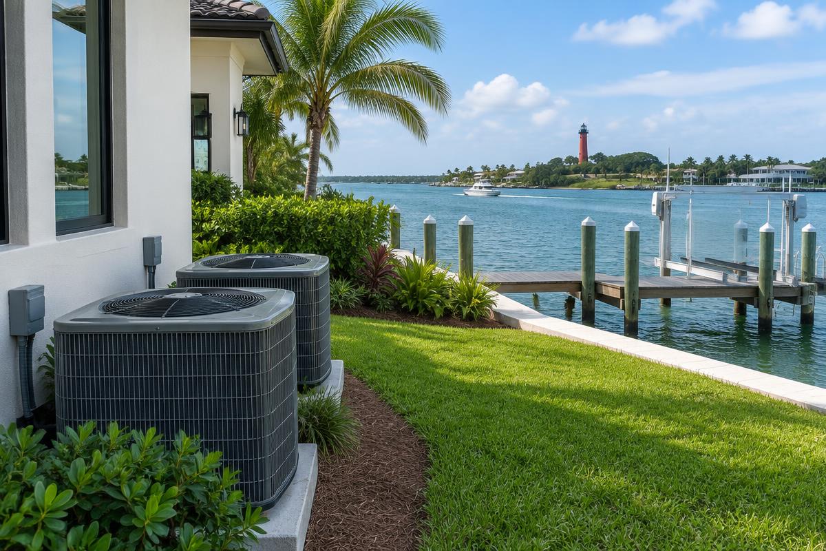 Illustrative AC condensers beside a waterfront Jupiter Inlet Colony home with a private dock