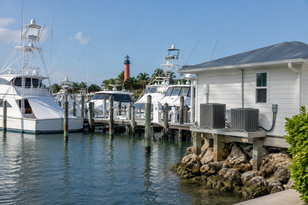 Jupiter, Florida marina with sport fishing boats docked at slips and a small white marina office building with AC condensers on a raised platform