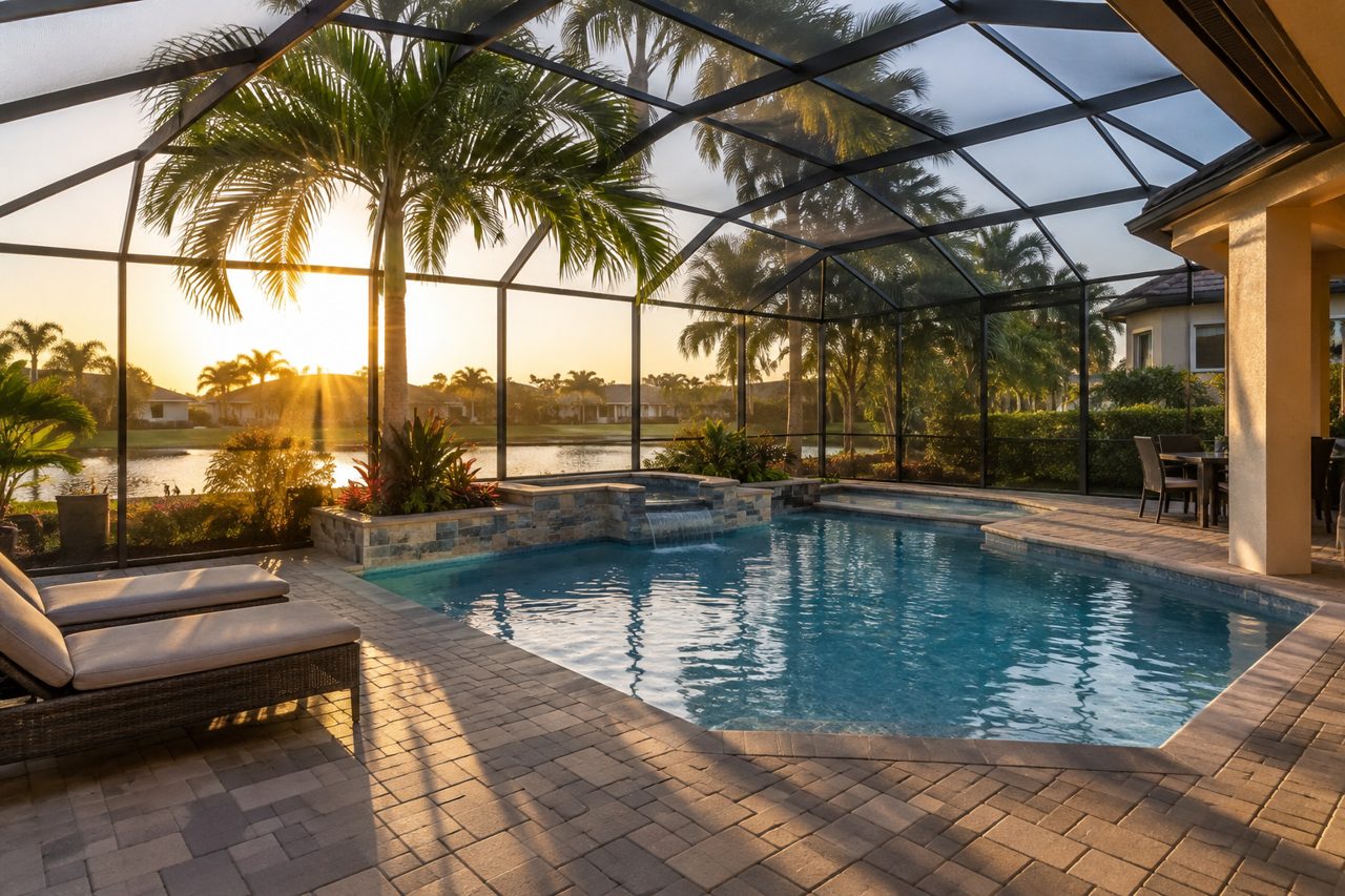 Backyard of a Jupiter, Florida home with a sparkling screened pool enclosure, paver deck, palms and evening golden light