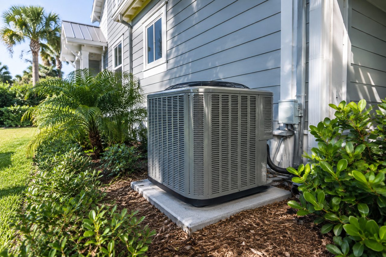 A brand-new high-efficiency residential AC condenser on a fresh concrete pad beside a two-story coastal Jupiter, Florida home with grey lap siding and white trim, lush landscaping