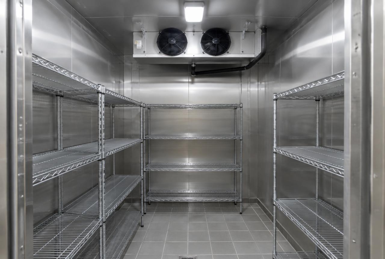 Interior of a newly installed stainless steel commercial walk-in cooler in a Lake Worth Beach restaurant kitchen, insulated panels, wire shelving and a ceiling-mounted evaporator with two fans