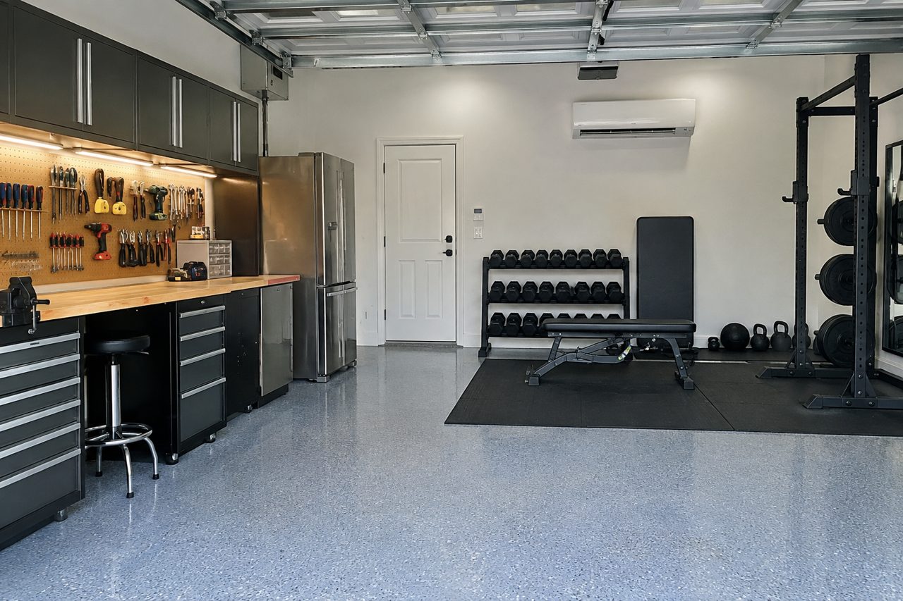 Clean converted garage workshop and home gym in a Lantana, Florida home with epoxy floor, pegboard tools and a white ductless mini-split on the wall