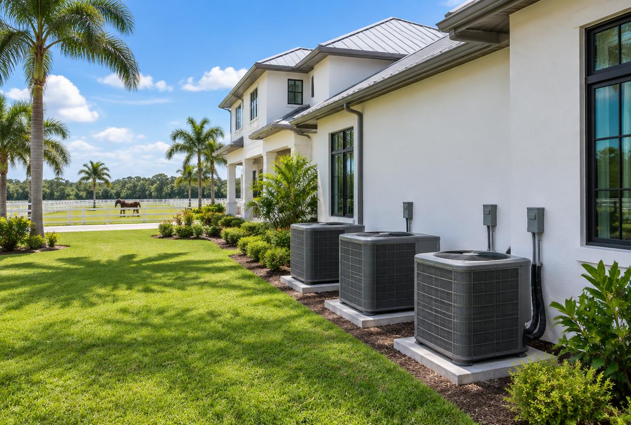 Illustrative multiple AC condensers beside a luxury Loxahatchee equestrian estate with white paddock fences