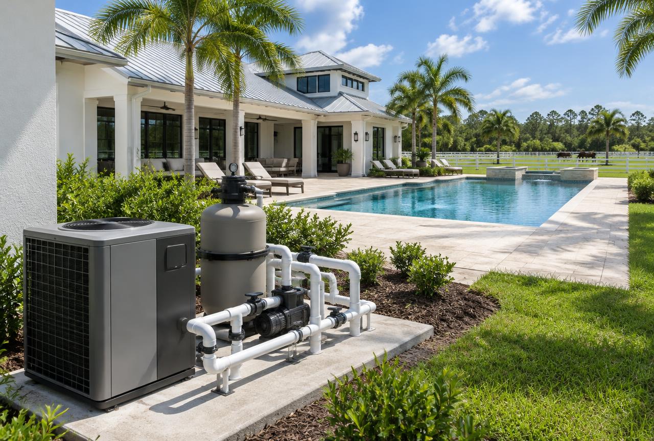 Illustrative pool heat pump and filter beside a luxury Loxahatchee estate pool with travertine deck and paddock views