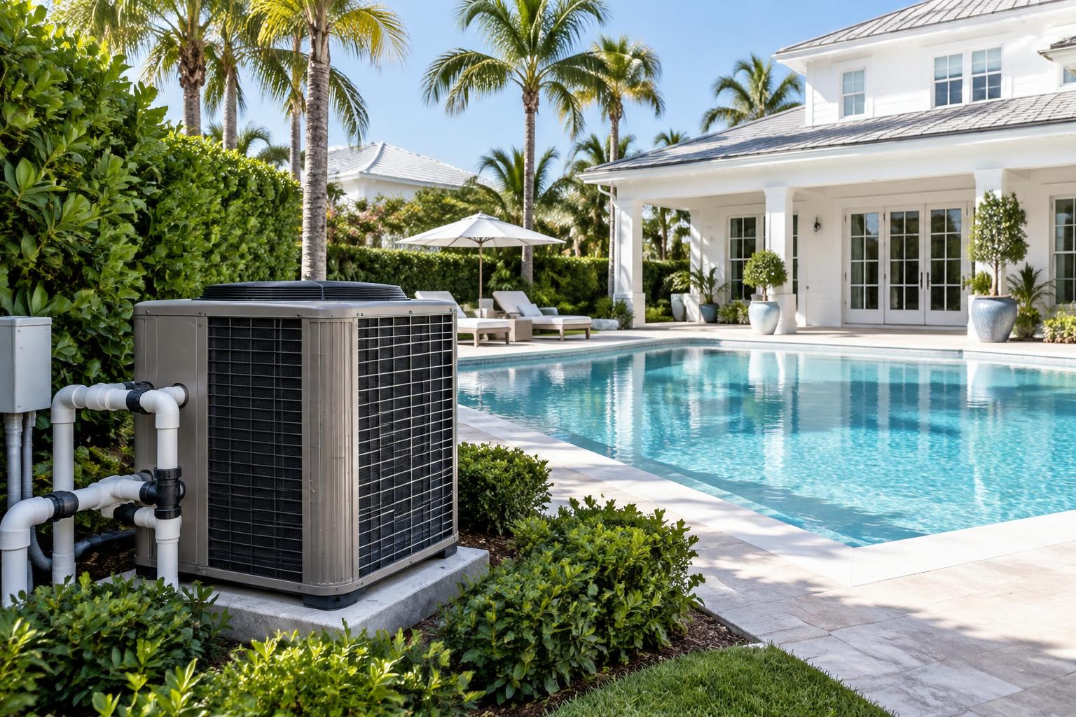 Illustrative pool heat pump beside a luxury Palm Beach County residence