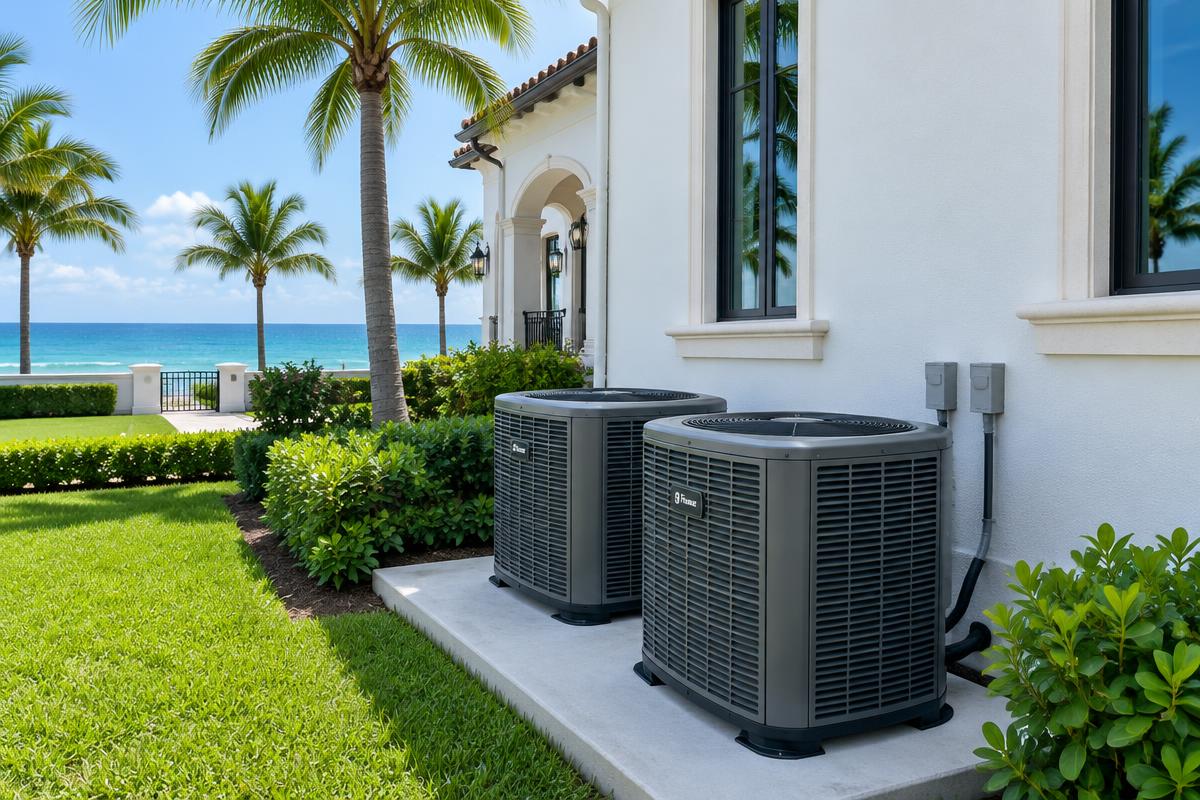 Illustrative paired AC condensers beside a white oceanfront Manalapan estate