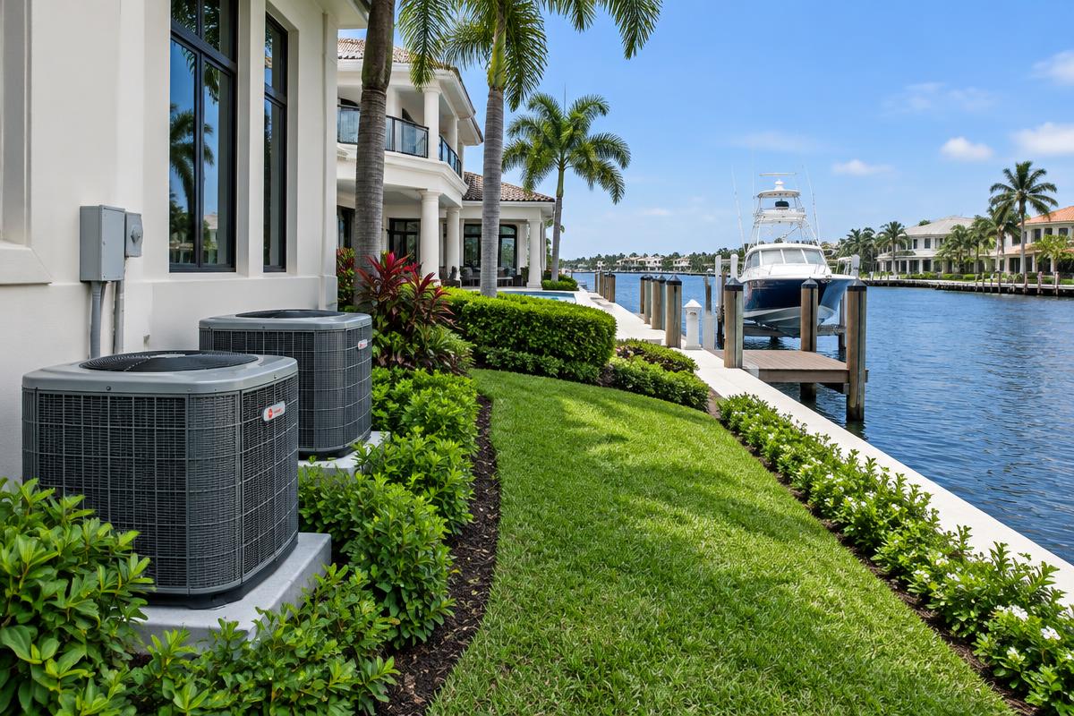 Illustrative AC condensers beside a canal-front North Palm Beach estate with a boat dock