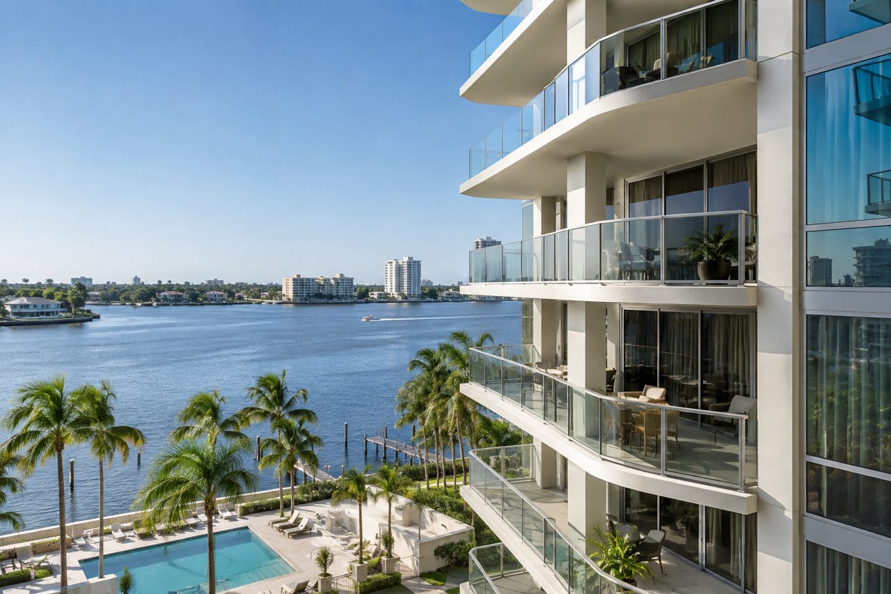 Waterfront high-rise condominium tower in North Palm Beach with balconies overlooking the Intracoastal, palms, clear sky
