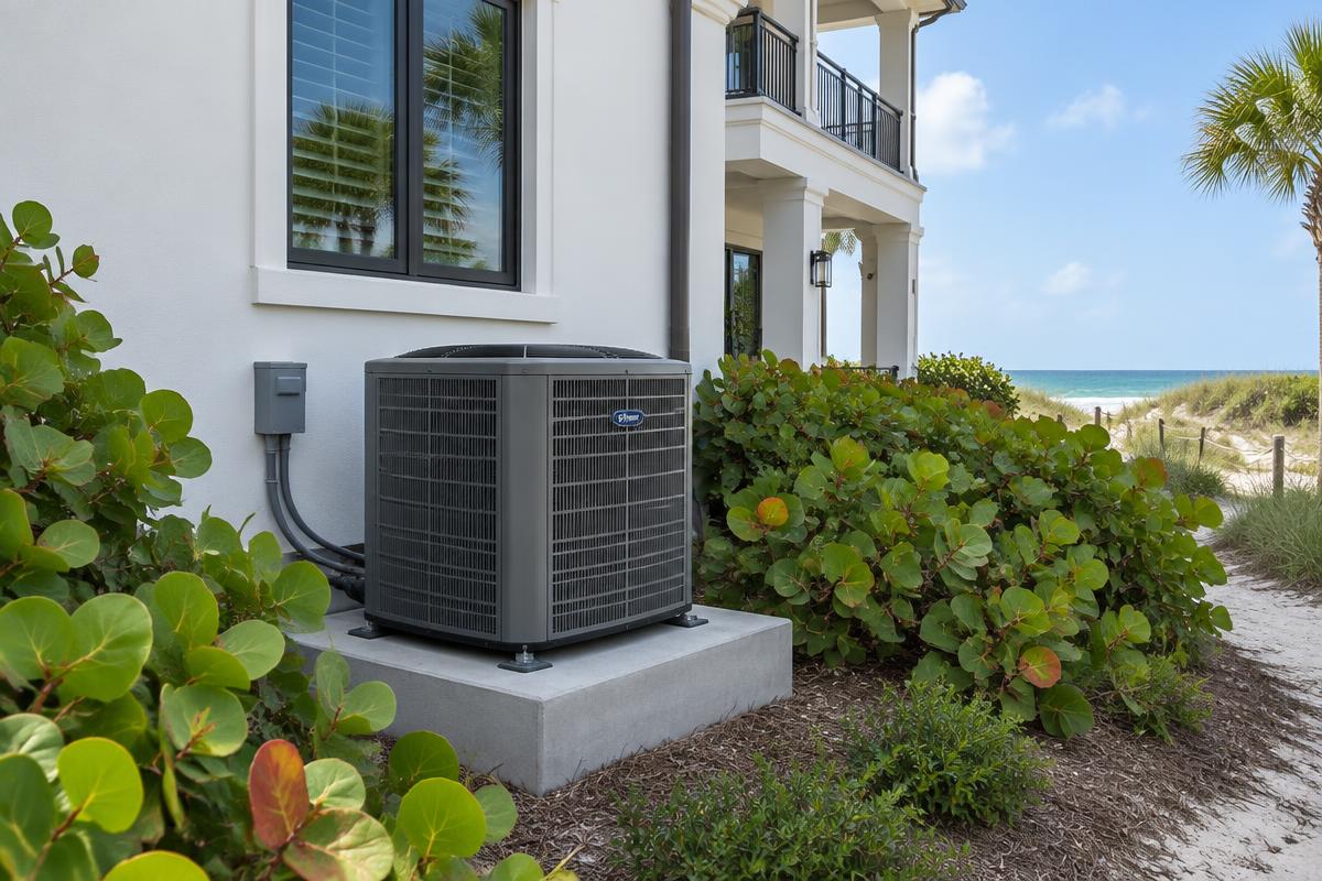 Illustrative AC condenser on a raised pad beside a coastal Ocean Ridge home near the dunes