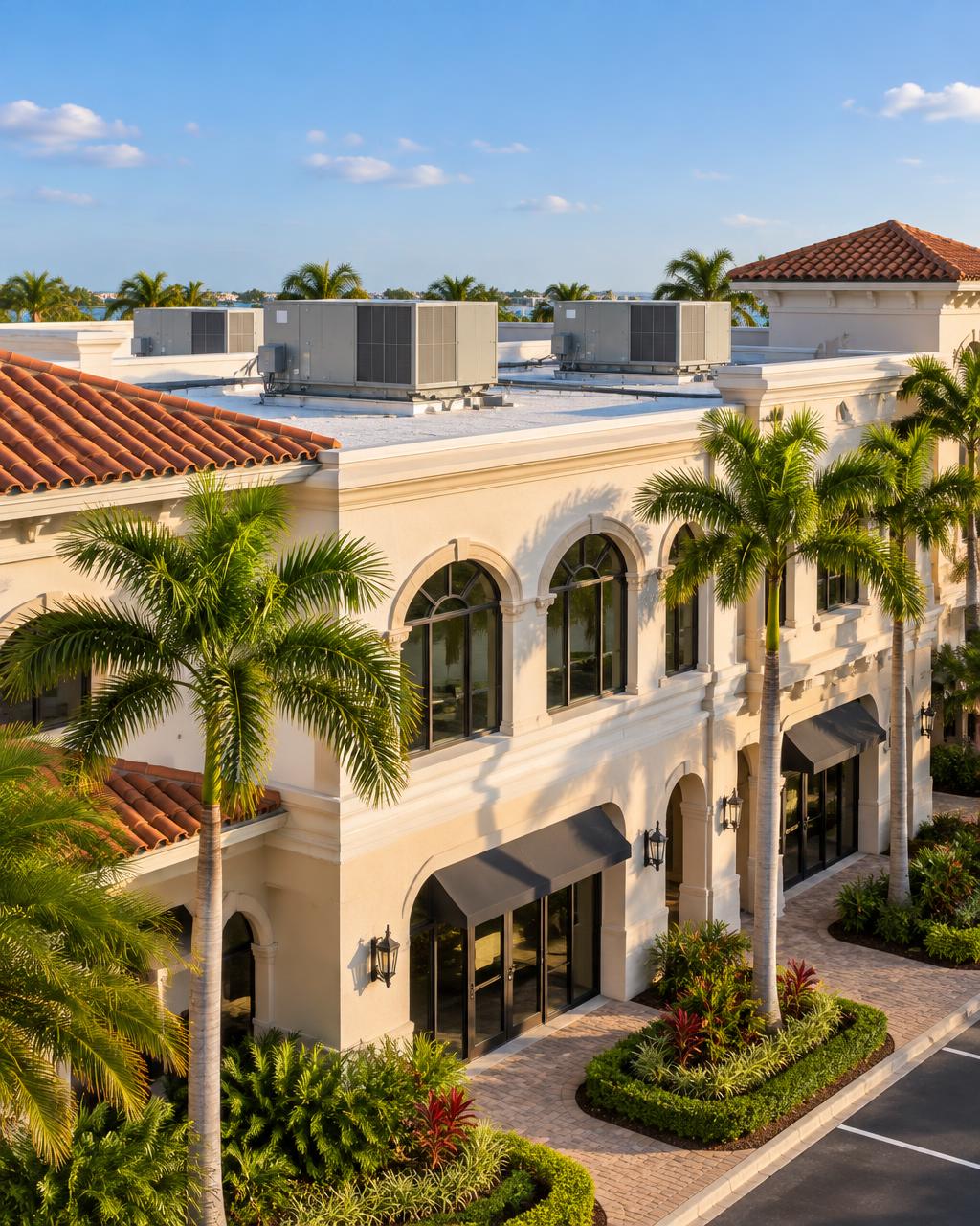 Illustrative rooftop packaged units above a Mediterranean-style Boca Raton commercial plaza