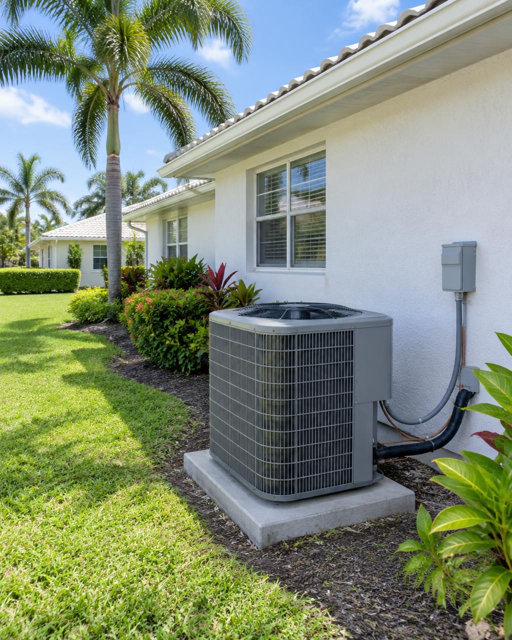 Illustrative AC condenser beside a Boynton Beach-style stucco home