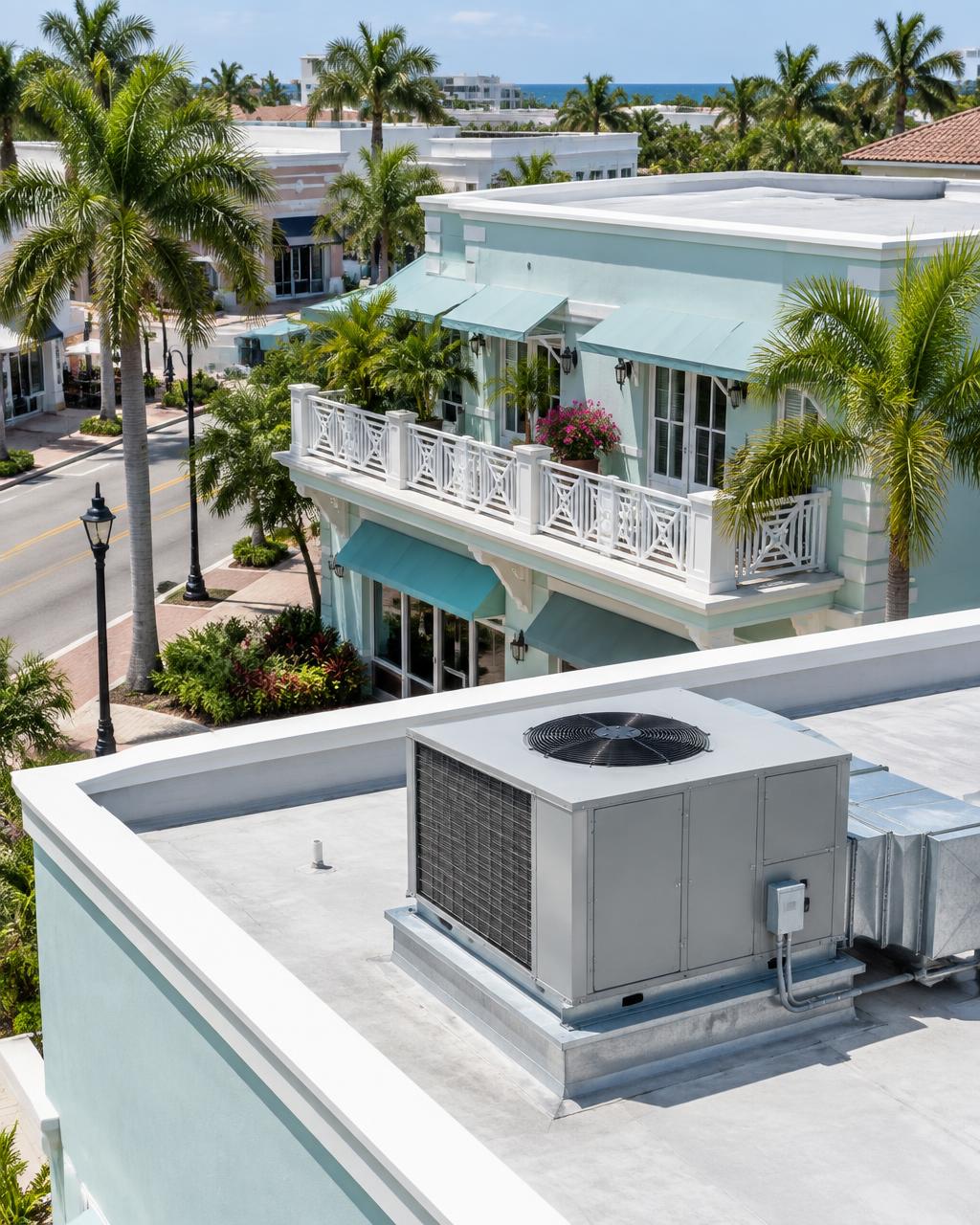 Illustrative rooftop HVAC equipment above a Delray Beach-style commercial storefront