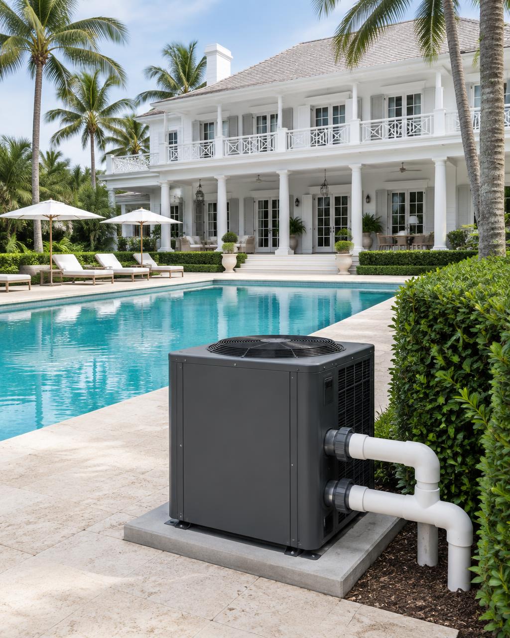 Illustrative pool heat pump at a Palm Beach-style estate