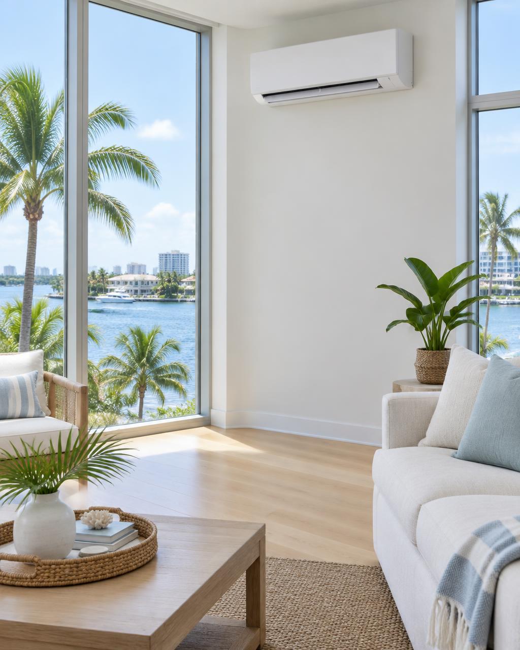Illustrative ductless mini-split indoor unit in a West Palm Beach-style waterfront condo