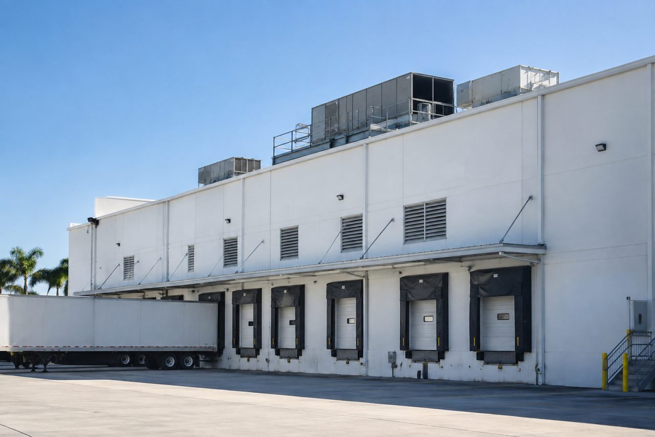 Exterior of a large white industrial warehouse in Riviera Beach, Florida with loading docks, rooftop HVAC units visible on the parapet, clear sky