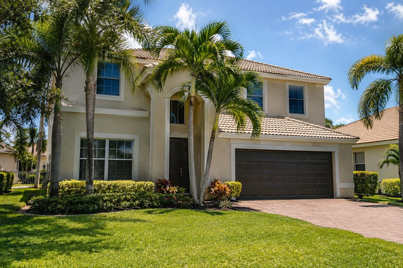 Two-story suburban home in Royal Palm Beach, Florida with stucco exterior, two-car garage and tidy lawn, sunny day