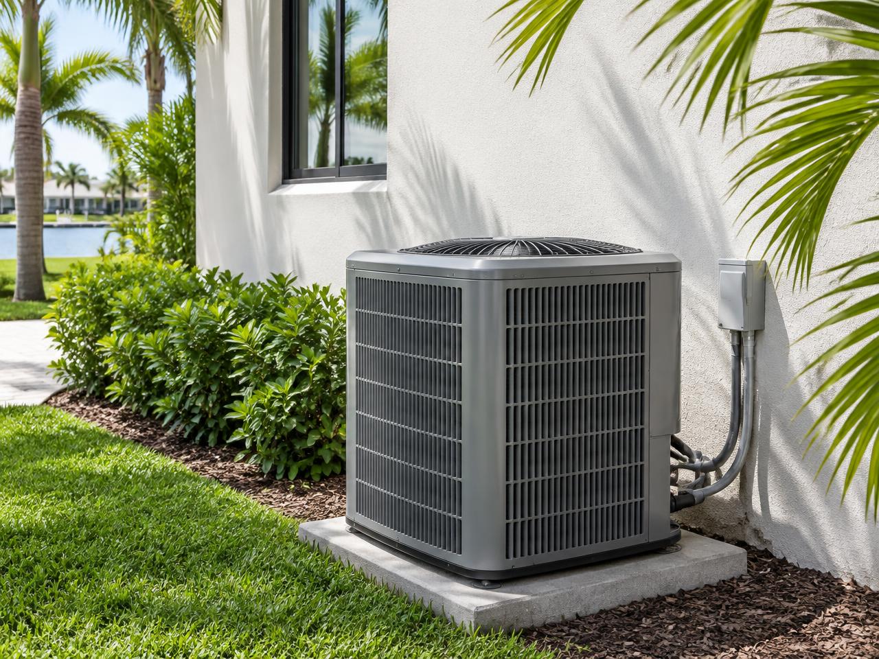 Residential air conditioning condenser beside a South Florida home
