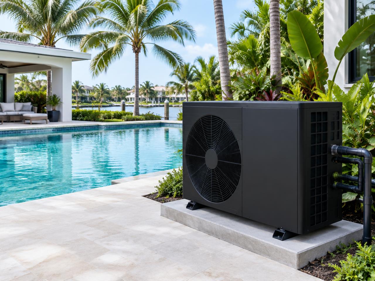 Pool heat pump beside a South Florida swimming pool