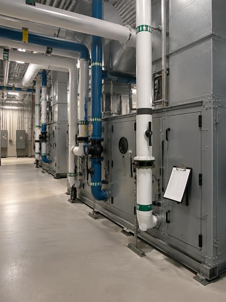 Commercial rooftop HVAC units being maintained