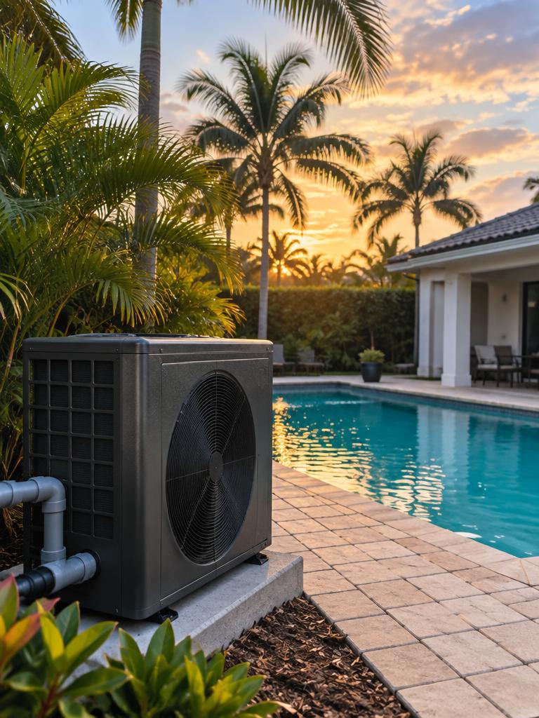 Pool heat pump beside a residential swimming pool
