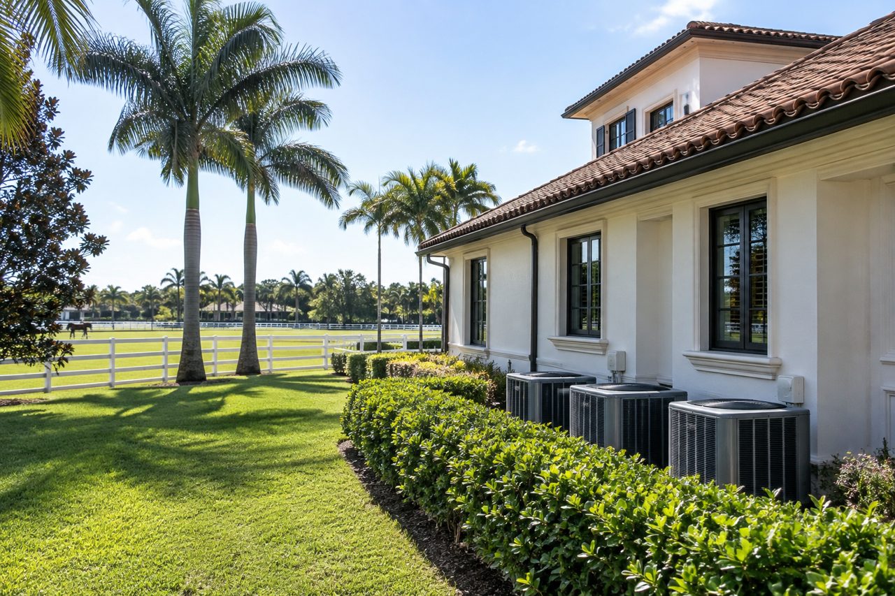 Upscale Wellington, Florida equestrian estate main house with white fences and paddocks, three AC condensers neatly lined up behind a low hedge at the side of the house