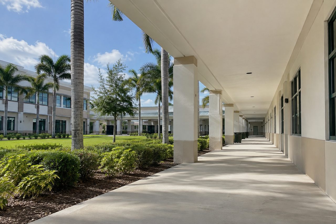 Exterior of a modern private school campus building in Wellington, Florida with a covered walkway, landscaping, empty on a sunny morning
