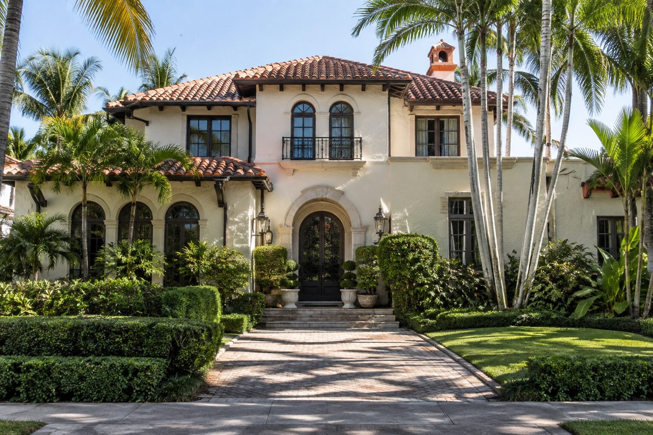 Historic 1920s Mediterranean Revival home in the El Cid neighborhood of West Palm Beach with arched entry, red barrel tile roof and mature palms