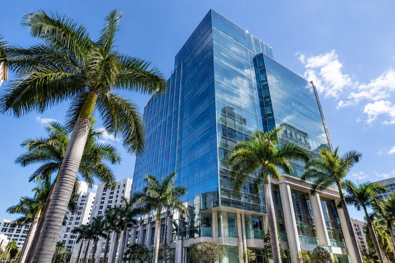 Modern West Palm Beach glass office tower against a bright blue sky with palms on the street, slightly low angle